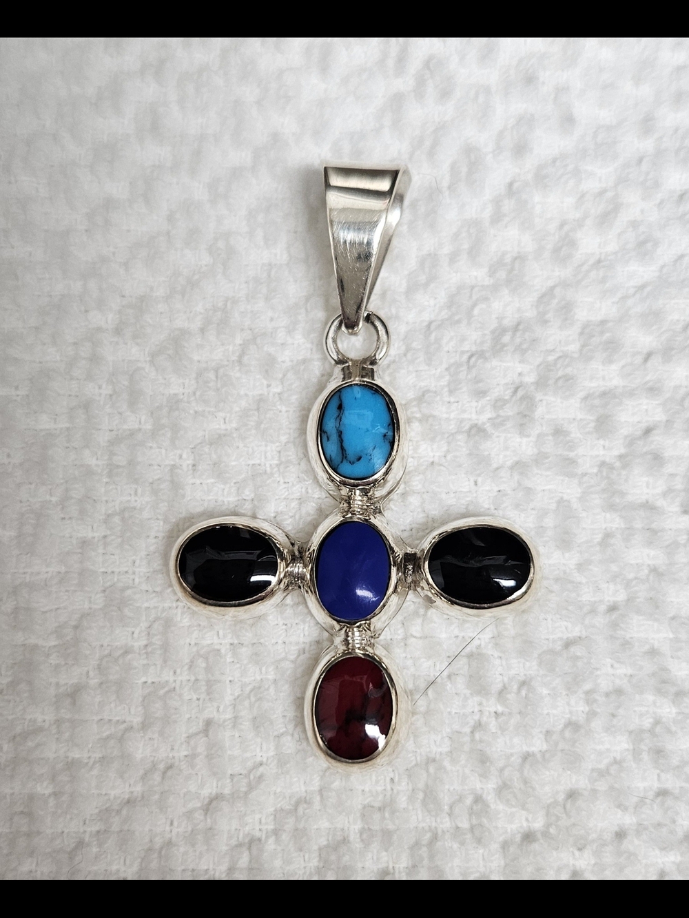 Sterling Cross Pendant with Turquoise, Lapis, Onyx & Garnet Accents